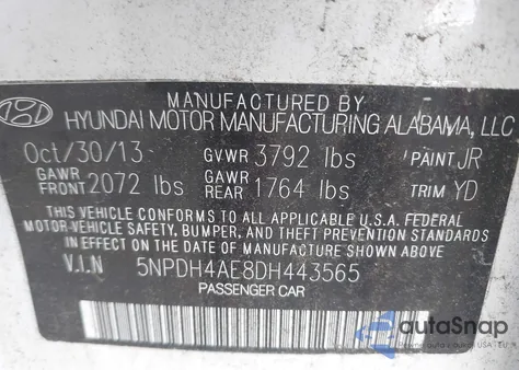 2013 Hyundai Elantra Gls from USA, damaged, VIN 5NPDH4AE8DH443565